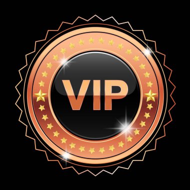 Siyah arka planda yıldızları olan bronz VIP rozeti özel üyeliğin ve birinci sınıf kalitenin bir sembolüdür. Lüks, başarı ve başarıyı temsil eder..