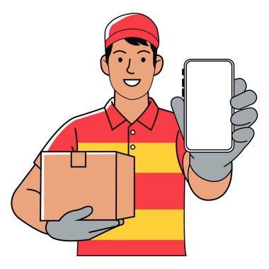 Friendly delivery person showcasing a blank smartphone screen and holding a package. Ideal for advertising delivery apps, services, or promotions with convenience.