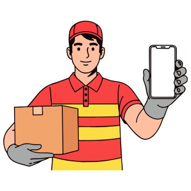 Modern delivery man showcasing tracking app on smartphone while holding package, representing easy, secure, and reliable shipping solutions for today's fast-paced world.