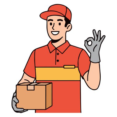 Reliable delivery service with a smile! A happy courier makes an okay gesture, ensuring your package arrives safely and quickly. Perfect for shipping and logistics needs.