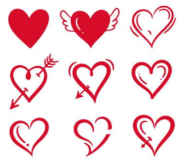 Beyaz arkaplanda ok olan kırmızı kalpler