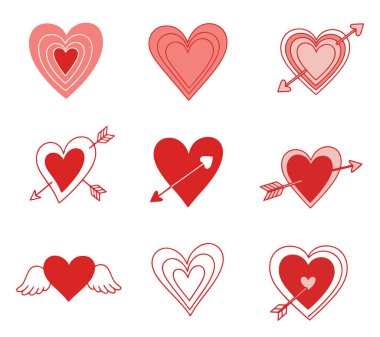 Beyaz arka planda yalıtılmış kırmızı kalpsimgeleri kümesi. Vektör çizimi