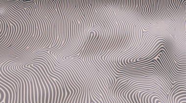 Süzülen, dalgalı, soluk bej ve koyu gri tonlarda çizgilerden oluşan soyut bir desen. Çizgilerin düzenlenmesi bir topografik harita ya da organik, dalgalı bir yüzey izlenimi yaratıyor. Bu karmaşık ve pürüzsüz tasarım bir denizaltı sunar