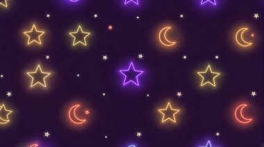 Pırıl pırıl parlayan neon yıldızlarının ve hilal aylarının koyu mor bir gece gökyüzüne karşı kusursuz bir deseni. Göksel şekiller, sarı, turuncu, pembe ve mor renkli parlak bir ışık yayarak büyülü ve rüya gibi bir atmosfer yaratırlar. Küçük, ince yıldızlar dağılmış.