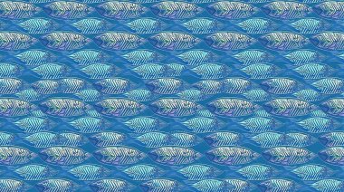 Mavi suda yüzen şekillendirilmiş balığın kusursuz tekrarlayan deseni. Balıklar mavi ve beyaz tonlarında tasvir edilir. Karmaşık çizgili detaylarla, görsel olarak dinamik ve su teması oluştururlar. Ayrıntıları temizle ve canlı renkler görsel uygulamayı güçlendir