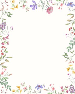 Narin kır çiçekleri ve yeşil yapraklı suluboya bir çerçeve. Yumuşak pastel renklerde elle boyanmış botanik kenarı. Vektör EPS.