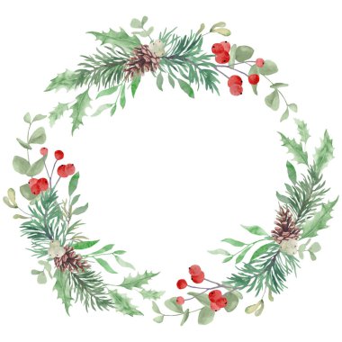 Mutlu Noeller çiçekli çelenk. El Boyalı Suluboya Holly, Ökseotu ve Kış Yeşillikleri. Vektör EPS.