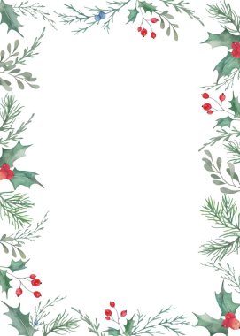 Suluboya Noel botanik çerçevesi. El çizimi çizimi. Tatil sınırı. Şenlik arka planı. Vektör EPS.