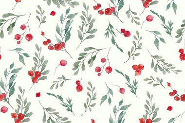 Narin kış yeşilliği ve kırmızı böğürtlen içeren sulu boya desenleri. El boyaması botanik elementler bayram ambalajı, tekstil, davetiye, hediye paketi ve mevsimlik dekorasyon için mükemmel bir tasarım oluşturur.