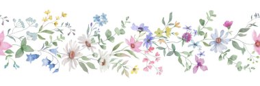 Çiçeklerle süslenmiş narin suluboya bir sınır. El çizimi çizimi. Vektör EPS.