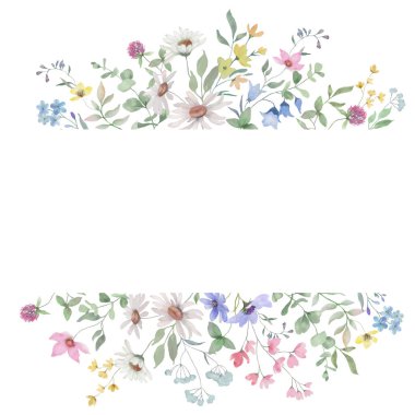 Çiçekli suluboya çerçeveli kır çiçekleri. Botanik sınırı. El çizimi çizimi. Vektör EPS.