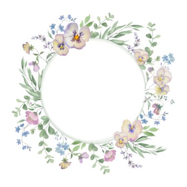 Narin keman çiçekleri ve yumuşak yeşillikle suluboya, çiçek çerçevesi. El yapımı botanik çelengi. Vektör EPS.
