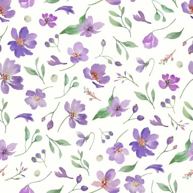 Violet Meadow suluboya desensiz. Yumuşak pastel arka planda el yapımı çiçek çizimi, kumaş, duvar kağıdı ve ambalaj tasarımı için mükemmel..