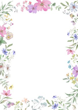 Pastel Bahar Çiçekleri ile suluboya çerçeve, Anneler Günü Kartları için Zarif Botanik Sınır. El çizimi çizimi. Vektör EPS.