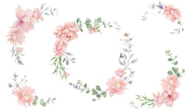 Suluboya Şakayık Çiçek Çelenkleri Seti, El çizimi illüstrasyon, Vektör EPS.