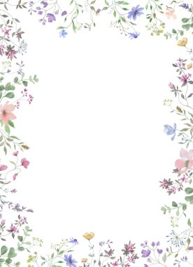 Davetiyeler için El Boyalı Bahçe Çiçekleri ile İlkbahar Botanik Sınırı. Vektör EPS.