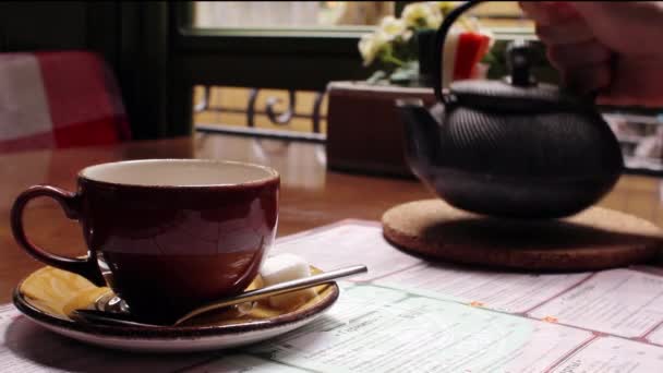 Teetasse und Wasserkocher — Stockvideo