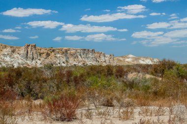 Çıplak deniz yatağı, kaya ve mavi gökyüzü. Özbekistan