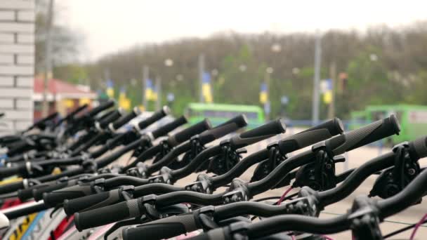 Bicicletas estacionadas en línea en el parque — Vídeo de stock