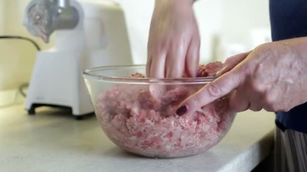 Maken gehakt van de vrouw in de keuken met vleesmolen — Stockvideo