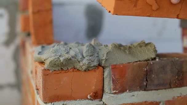 Work lays bricks on a construction site — Stock Video