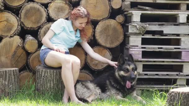 Γυναίκα με το όμορφο σκύλο που αναπαύεται σε εξωτερικούς χώρους — Αρχείο Βίντεο