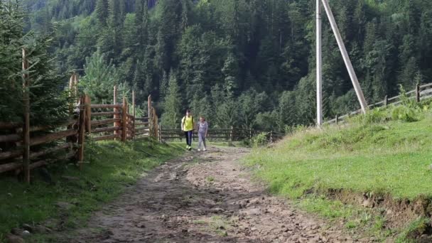 Backpackerpaar wandert auf dem Weg in die Berge — Stockvideo