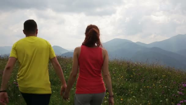 Glückliches Paar auf dem Blumenfeld in die Berge — Stockvideo