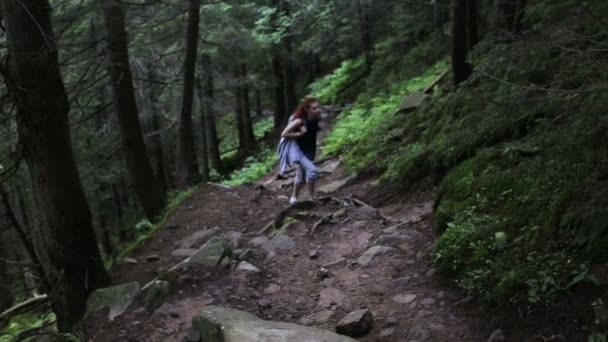 Mulher viajante está caminhando pelas montanhas e florestas — Vídeo de Stock