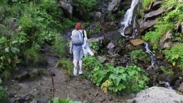 De vrouw van de wandelaar met rugzak lopen op een bospad in de bergen op de achtergrond een waterval. Wandelen. Avontuur in het bos. — Stockvideo