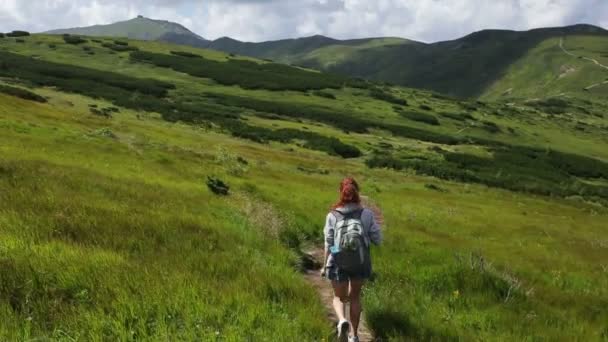 Kadın Gezgin dağlar ve ormanlar ile yürüyor — Stok video