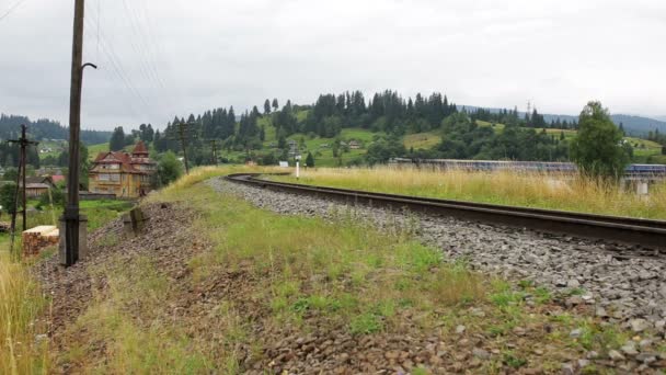 Voyage en train de voyageurs dans les montagnes sur un viaduc — Video