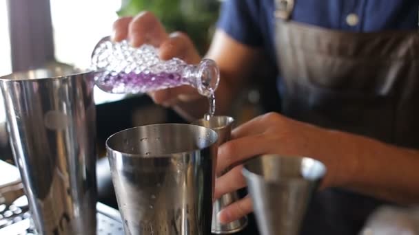 The bartender added ingredients in a metal cup — Stock Video