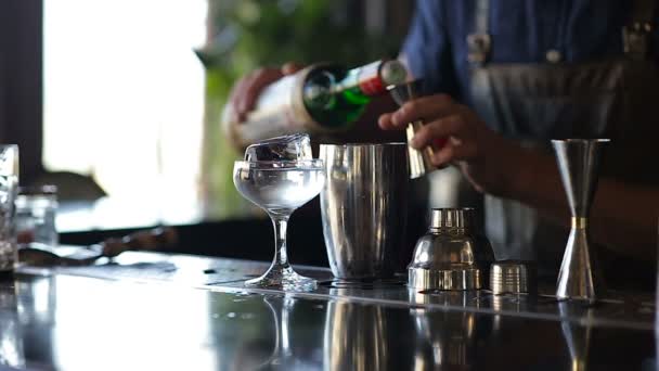 Hands of the barman mixing an alcoholic cocktail and add ingredients — Stock Video