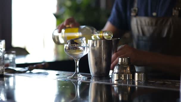 Handen van de barman toevoegen alcohol cocktail — Stockvideo