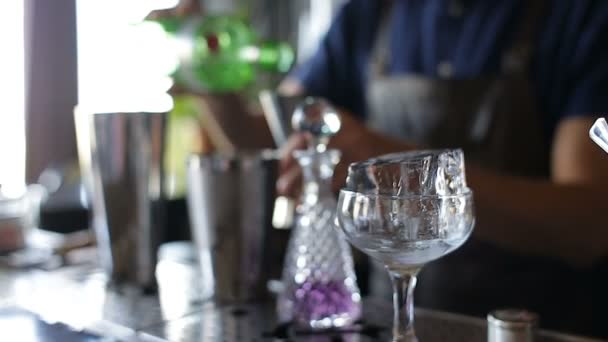 The bartender added ingredients in a metal cup — Stock Video