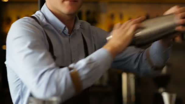 De barman mengt de ingrediënten in een shaker — Stockvideo