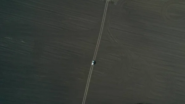 empty field top view, on a narrow road, a trail is symmetrically white car, graphic, geometric space, landscape abstraction