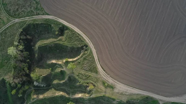 Virage Route Chemins Entre Champ Désertique Forêt Vue Panoramique Ligne — Photo