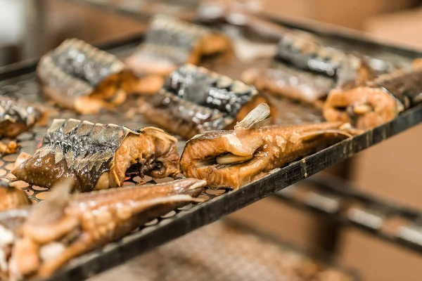 Smoked fish sturgeon and carp, horizontal background — Stock Image Smoked Fish Sturgeon Carp Horizontal Background Stock Image