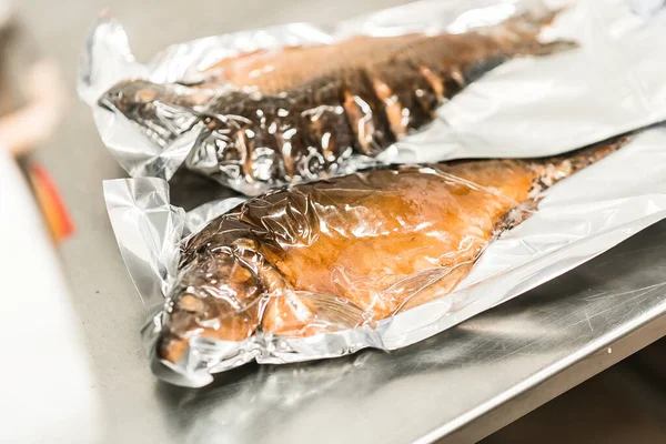 Smoked fish sturgeon and carp, horizontal background — Stock Image Smoked Fish Sturgeon Carp Horizontal Background Stock Image