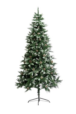 Fir tree artificial green color with snow and cones on an isolated white background on a stand clipart