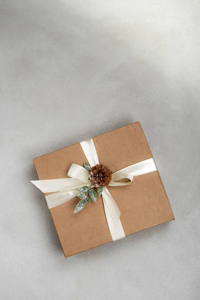 Caja Regalo Navidad Color Artesanal Con Cinta Blanca Cono Pino — Foto de Stock