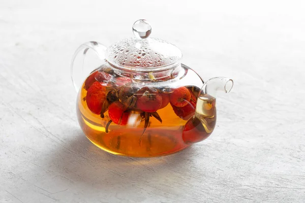 Hot Tea Rosehip Glass Transparent Kettle Light Background — Stock Photo, Image