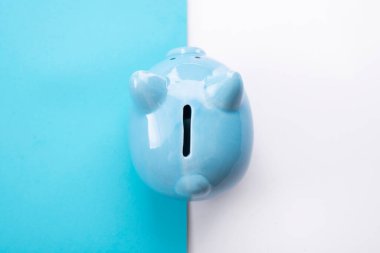 Mavi domuz kumbarası. Mavi ve beyaz arka planda. Metnin için yer.