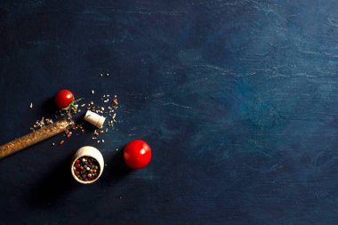 Baharatlar, kırmızı ve siyah biberler bir fincan tabağında otlar ve domateslerle. Mavi arka planda. Metin için yer.