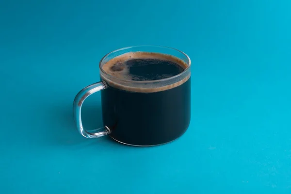 Glass Cup Espresso Coffee Foam Blue Background — Stock Photo, Image