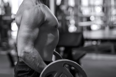 Vücut geliştirici, spor salonunda halter tutan bir adam. Vücut geliştiren kaslı erkek vücutçular spor salonunda çıplak vücutla vücut geliştirme egzersizleri yapıyorlar. Boşluğu kopyala, metin için yer.