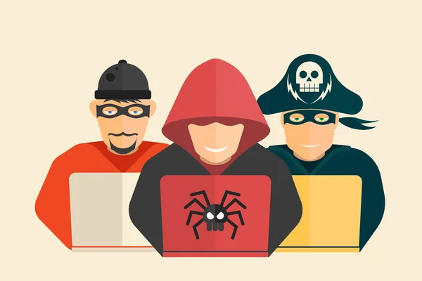 Hacker, a számítógép kalóz és a scammer. — Stock Vector