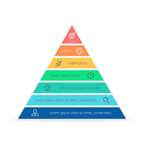 Piramide voor infographics. Vector grafiek, diagram met 7 stappen, opties. — Stockvector